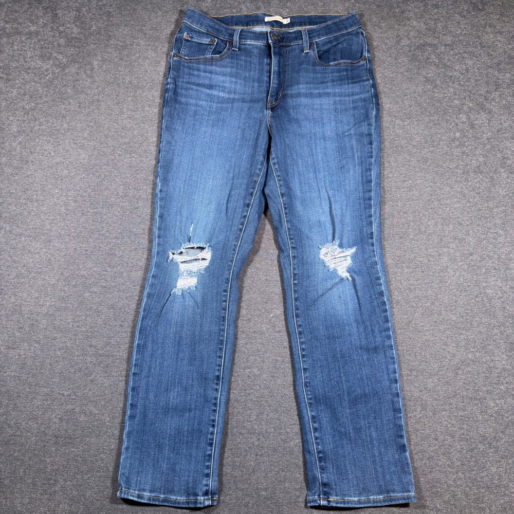 Levi's 724 High Rise Straight Jeans Women 32 Blue Distressed Ripped Denim Mom